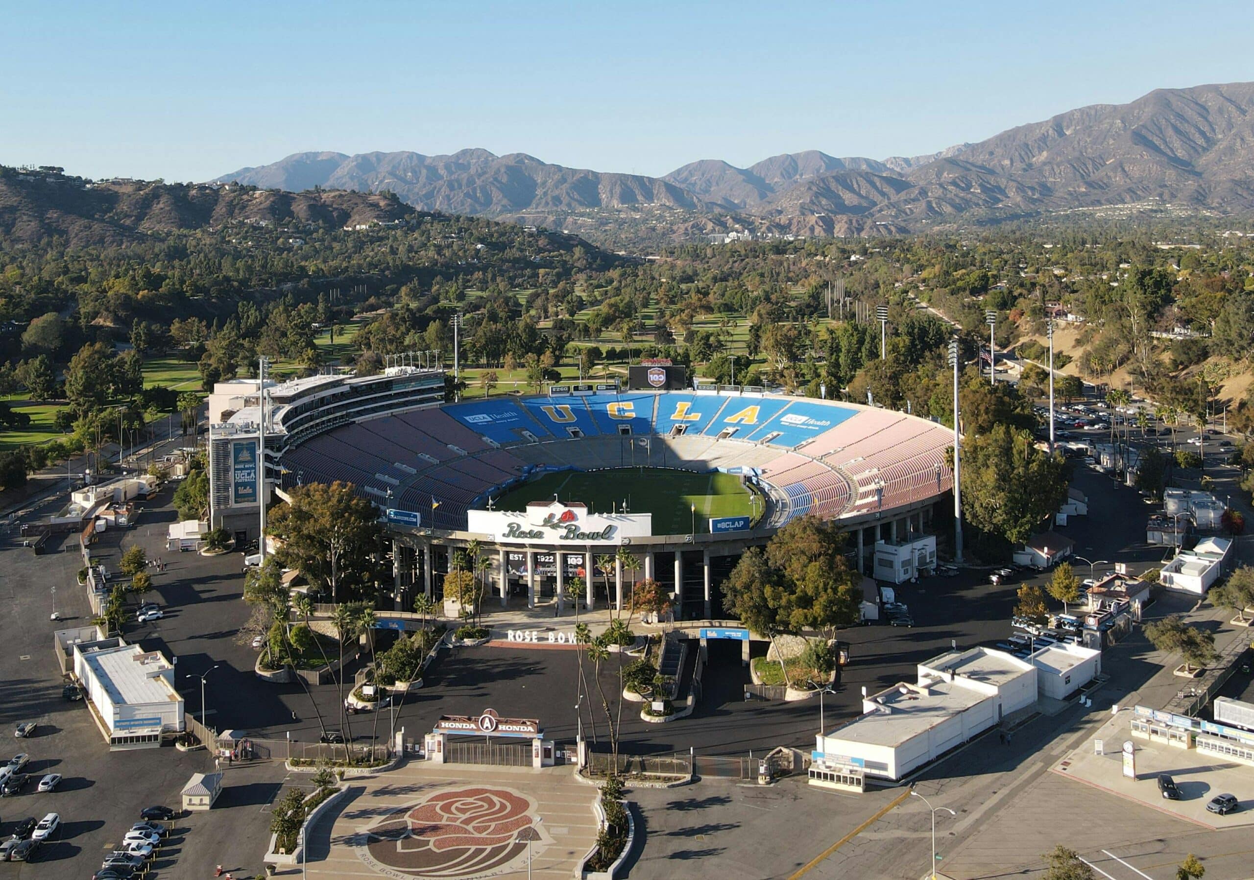 Aerial view of the iconic Rose Bowl Stadium in Pasadena, California.